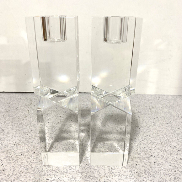 Vintage 1980s Oleg Cassini Lexington Crystal Candlestick Holders Clear Geometric - Picture 7 of 11